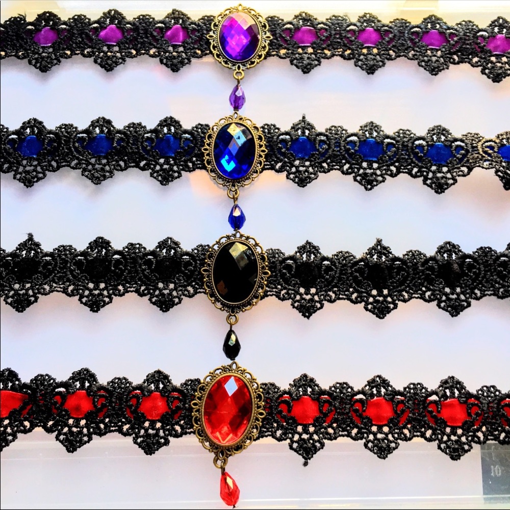 Black Lace Chokers w/Faux Gems